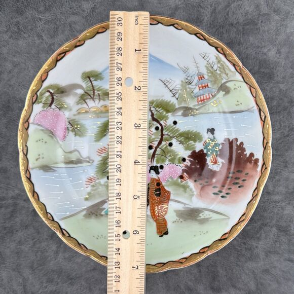 Nippon Japanese Berry Bowl Hand Painted Gilt Ladies Garden Fuji w/ Holes VTG 7" - Picture 11 of 14